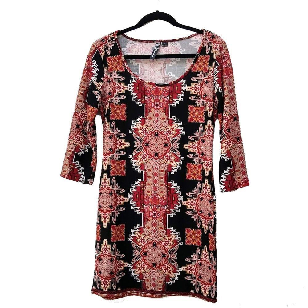 Womens Knit Sheath Dress Size Large Red Black 3/4 Sleeves Scoop Neck Feathers